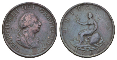 Великобритания 1/2 пенни 1799 Георг III (1760-1820) KM 647, Spink 3778 медь 603-1415
