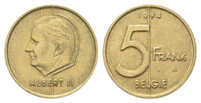 Бельгия 5 франков 1994 Belgie, Альберт II KM 190 алюминиевая бронза 4706-357