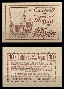 Австрия, Регау 10 геллеров 1920 Jaksc/Pick JPR0825-10 бумага UNC (пресс) 2193-39-1-2