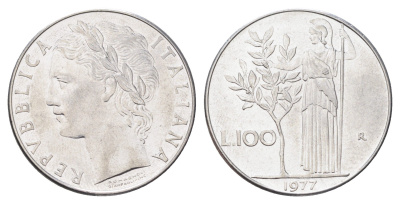 Италия 100 лир 1977 R, Афина в доспехах KM 96.1 нержавеющая сталь 4704-741
