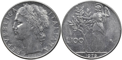 Италия 100 лир 1979 R, Афина в доспехах KM 96.1 нержавеющая сталь 4165-232