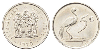 ЮАР 5 центов 1970 герб, райский журавль KM 84 никель UNC 4696-953