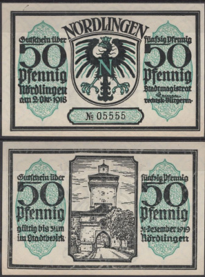 Нердлинген 50 пфеннигов 1921 красивый серийный номер Mehl Grabowski 978.9-4/5 бумага UNC (пресс) 8613-29-3-2