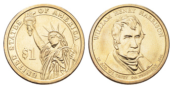 США 1 доллар 2009 D, Президент США - Уильям Генри Гаррисон (1841) KM 450 медь с марганцево-латунным покрытием UNC 4703-1223
