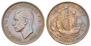 Великобритания 1/2 пенни 1947 Георг VI (1936-1952) KM 844, Spink 4115 бронза 4707-1047