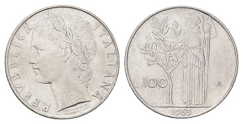 Италия 100 лир 1963 R, Афина в доспехах KM 96.1 нержавеющая сталь 4704-711