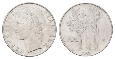Италия 100 лир 1963 R, Афина в доспехах KM 96.1 нержавеющая сталь 4704-711