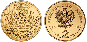 Польша 2 злотых 2012 MW, чемпионат Европы по футболу, евро 2012, УЕФА, Польша-Украина KM 823 нордик UNC M48-20