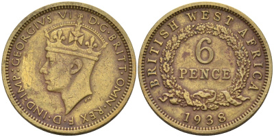 Британская Западная Африка 6 пенсов 1938 Георг VI (1936-1952) KM 22 никель-латунь 4588-656