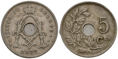 Бельгия 5 сантимов 1922 Belgie KM 67 медно-никель 4602-122
