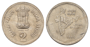 Индия 2 рупии 1990 год-тип KM 121.2 медно-никель aUNC 4686-1144