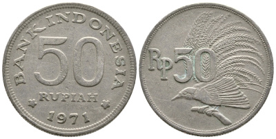 Индонезия 50 рупий 1971 райская птица KM 35 медно-никель 93-1141