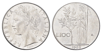 Италия 100 лир 1982 R, Афина в доспехах KM 96.1 нержавеющая сталь 4704-814