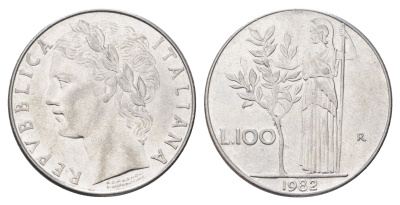 Италия 100 лир 1982 R, Афина в доспехах KM 96.1 нержавеющая сталь 4704-814