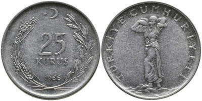 Турция 25 курушей 1966 KM 892.2 нержавеющая сталь 4541-554