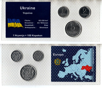 Украина набор из 3 монет (1, 2 и 5 копеек) 2008, 2009 и 2010 в красочной упаковке с информацией о стране KM 4b, 6b и 7b нержавеющая сталь UNC 5-4-1-111