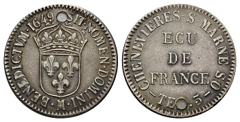 Франция, Шеневьер-Сюр-Марн ресторанный жетон "ECU de France" конец XIX века - начало XX века диаметр 35 мм, вес 15,33 гр медь плакированная серебром 5010-1743
