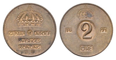 Швеция 2 эре 1971 U, Густав VI Адольф (1950-1973) KM 821 бронза 4702-1037