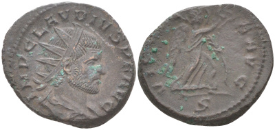 Римская Империя антониниан 268 - 270 Клавдий II Готский, бюст императора, IMP CLAVDIVS PF AVG / Виктория, VICTORIA AVG, Медиолан (из немецкой коллекции 1-й половины XX века, с владельческой этикеткой) RIC 171 биллон 1073-15-91