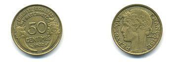 ФРАНЦИЯ 50 САНТИМОВ 1932 ТИП MORLON, OPEN 9, С ЯГОДОЙ KM 849.1, LE FRANC 192.7 алюминиевая бронза 80-859