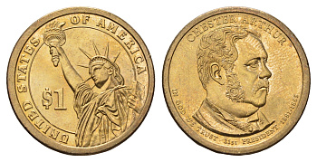 США 1 доллар 2012 P, Президент США - Честер Алан Артур (1881–1885) KM 524 медь с марганцево-латунным покрытием UNC 4698-937
