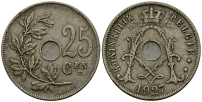 Бельгия 25 сантимов 1927 BELGIE KM 69 медно-никель 4172-123