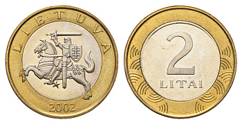 Литва 2 лита 2002 KM 112 биметалл UNC 4364-1756