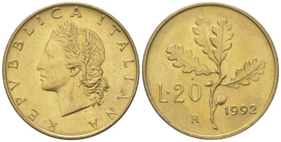 Италия 20 лир 1992 R KM 97 алюминиевая бронза UNC 4617-942