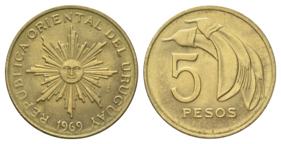 Уругвай 5 песо 1969 год-тип KM 53 алюминиевая бронза UNC 4697-1045