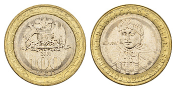 Чили 100 песо 2001 индейцы Мапуче KM 236 биметалл UNC 4695-1143