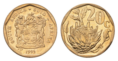 ЮАР 20 центов 1995 герб, цветок протея KM 136 сталь плакированная бронзой UNC 4694-839