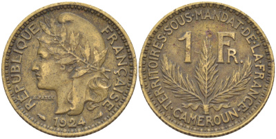 Французский Камерун 1 франк 1924 (а), монетный двор Париж KM 2 алюминиевая бронза 25-2121