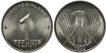 ГДР 1 пфенниг 1953 A KM 5 алюминий UNC 4127-615