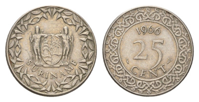 Суринам 25 центов 1966 KM 14 медно-никель 4702-238
