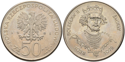 ПОЛЬША 50 ЗЛОТЫХ 1981 MW, СЕРИЯ ПОЛЬСКИЕ КОРОЛИ, БОЛЕСЛАВ II СМЕЛЫЙ (1058-1079) KM 124 медно-никель UNC 4565-745
