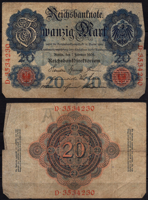 Германия 20 марок 1908 Pick 31 бумага 6293-30-3-1