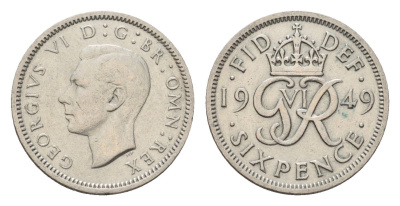 Великобритания 6 пенсов 1949 Георг VI (1936-1952) KM 875, Spink 4110 медно-никель 4651-1053