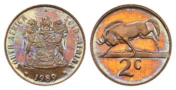 ЮАР 2 цента 1989 герб, антилопа гну KM 83 бронза PROOF 4693-354