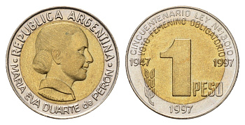 Аргентина 1 песо 1997 50 лет правам женщин на голосование KM 122 биметалл UNC 4121-1032
