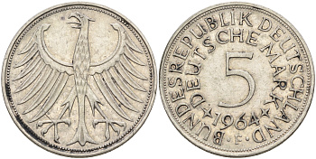 ФРГ 5 марок 1964 F, KM 112.1, J. 387 серебро 4565-123