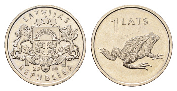 Латвия 1 лат 2010 Лягушка KM 108 медно-никель UNC 4686-1237