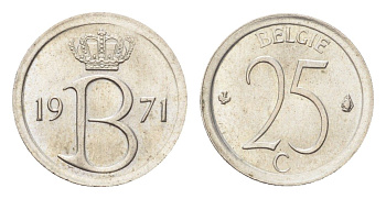 Бельгия 25 сантимов 1971 Belgie, Бодуэн I (1951-1993) KM 154 медно-никель 4705-354