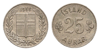Исландия 25 эйре 1958 KM 11 медно-никель 4690-612