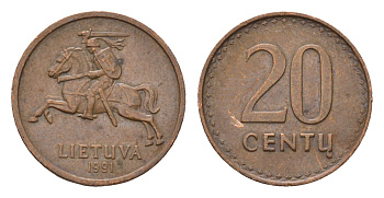 Литва 20 центов (сентов) 1991 KM 89 бронза 4694-1232