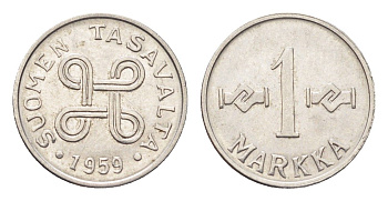 Финляндия 1 марка 1959 KM 36a сталь плакированная железом 4705-714