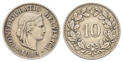 Швейцария 10 раппенов 1919 B KM 27 медно-никель 4708-1053