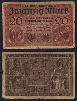 Германия 20 марок 1918 Минерва и Меркурий; на обратной стороне рыцарь, аллегорическая женщина Pick 57 бумага 8602-9-1-1