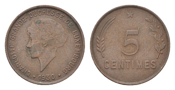 Люксембург 5 сантимов 1930 Шарлотта (1918-1964), год-тип KM 40 бронза 4705-554