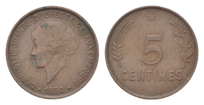 Люксембург 5 сантимов 1930 Шарлотта (1918-1964), год-тип KM 40 бронза 4705-554