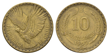 Чили 10 сентесимо 1965 KM 191 алюминиевая бронза 4688-312